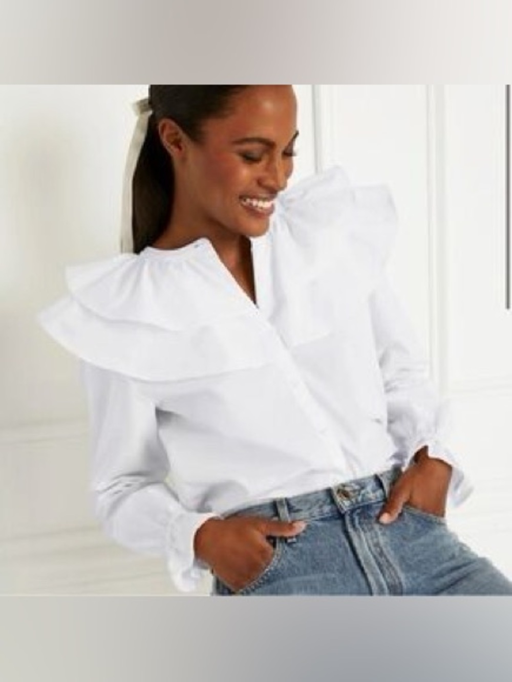Hill House White Ruffled Blouse, Size Medium